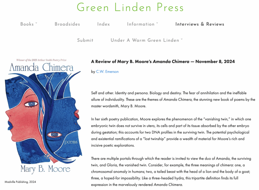 Screen capture of Green Linden Press's review of Amanda Chimera by CW Emerson. 